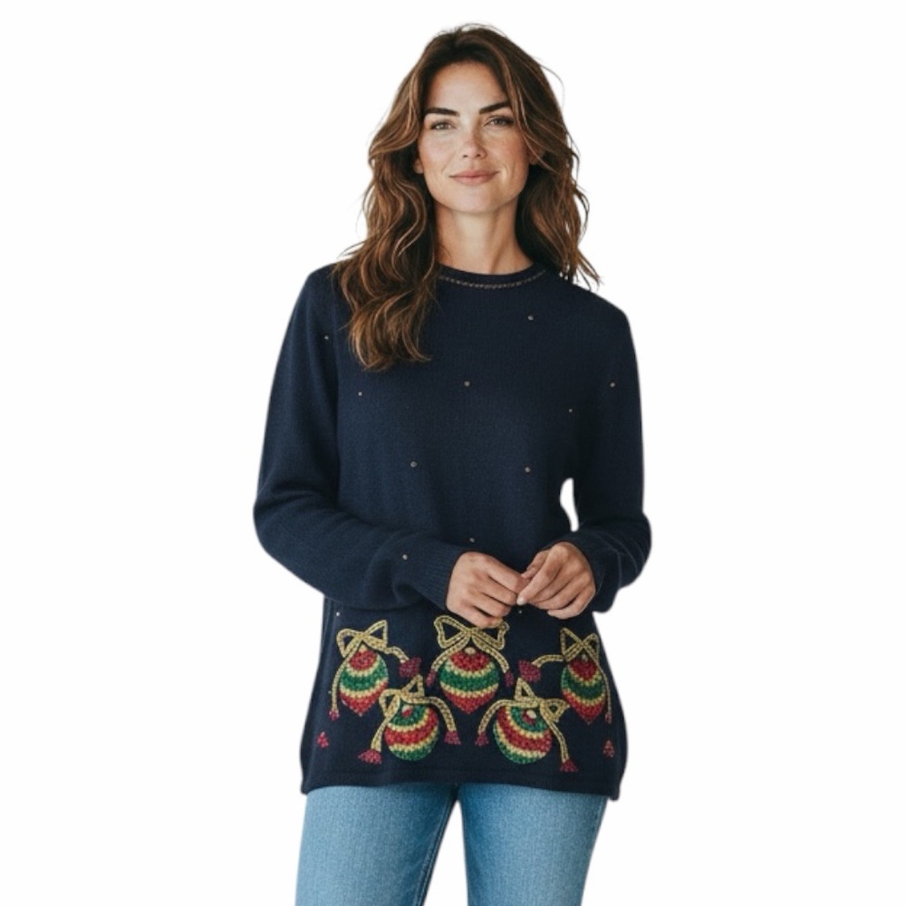 Vintage Karen Scott Black Silk Nylon Angora Lambswool Christmas Sweater Size PL‎